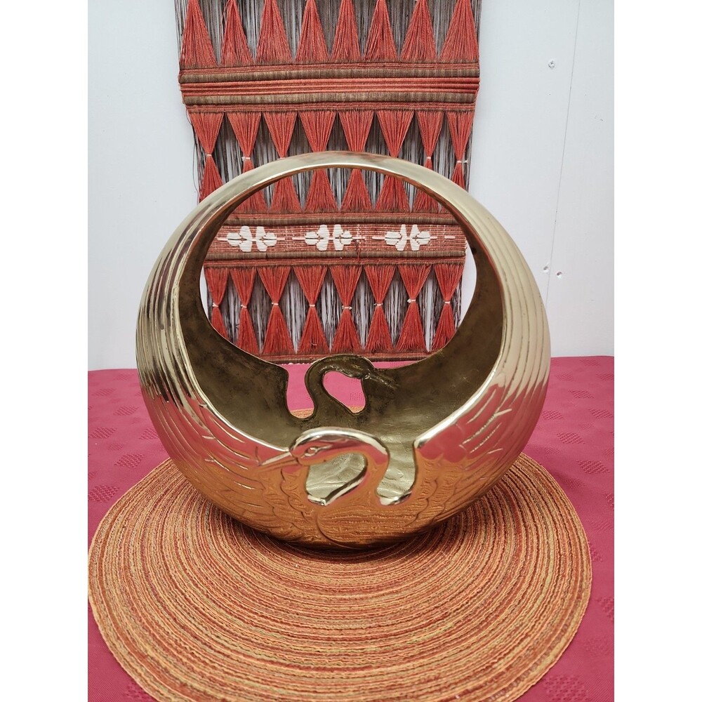 MCM Solid Brass Swan Planter~Basket With Handle Art Deco Rosenthal Taiwan